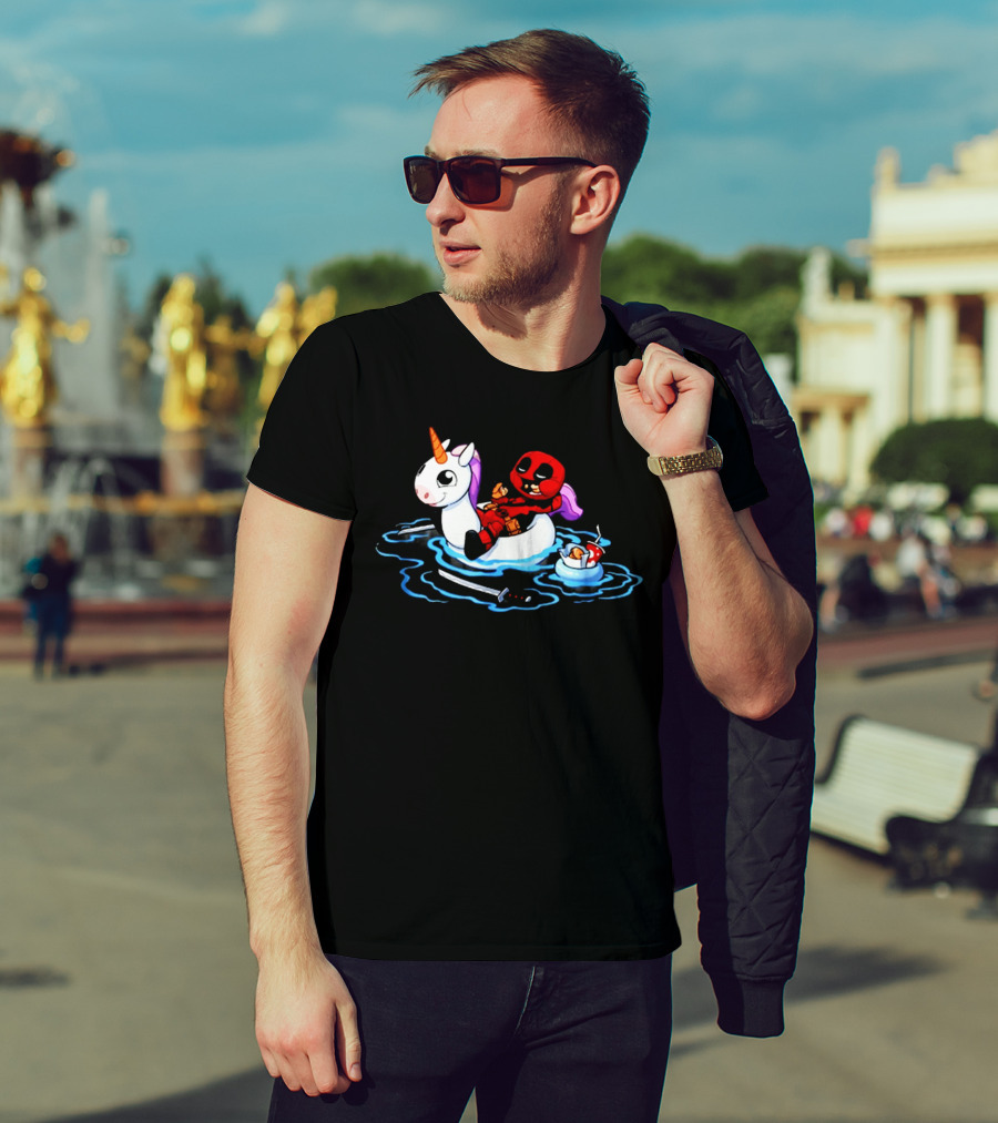 Deadpool Relaxing On Inflatable Unicorn With Rubber Duck And Swords T-Shirt