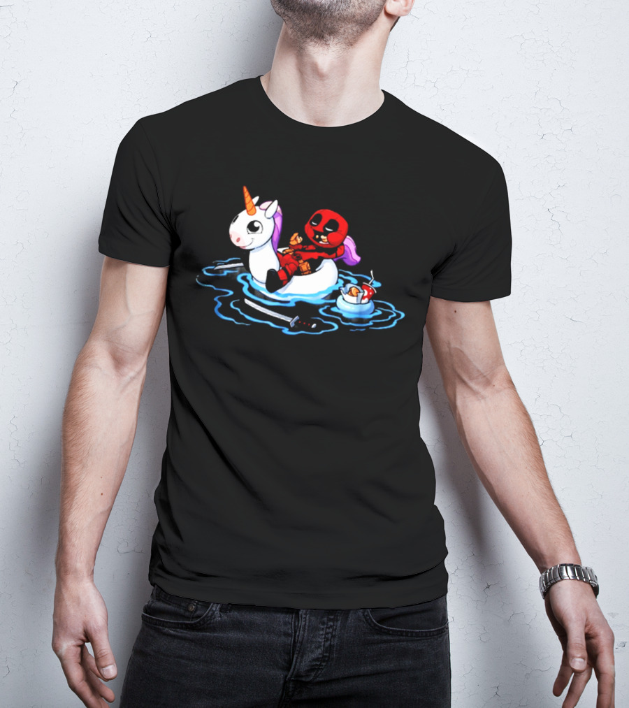 Deadpool Relaxing On Inflatable Unicorn With Rubber Duck And Swords T-Shirt
