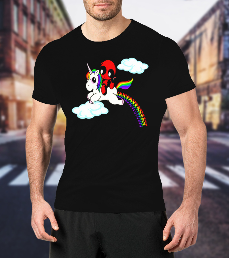 Deadpool Riding Rainbow Unicorn In Clouds T-Shirt