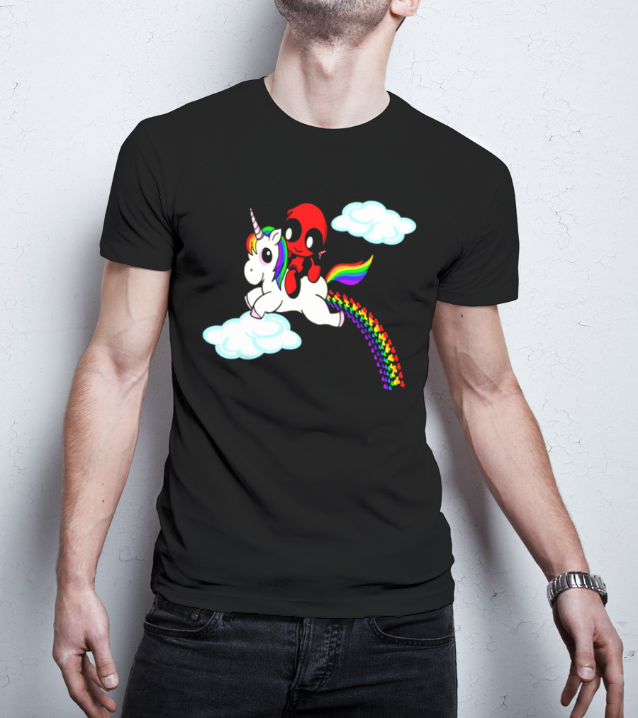 Deadpool Riding Rainbow Unicorn In Clouds T-Shirt