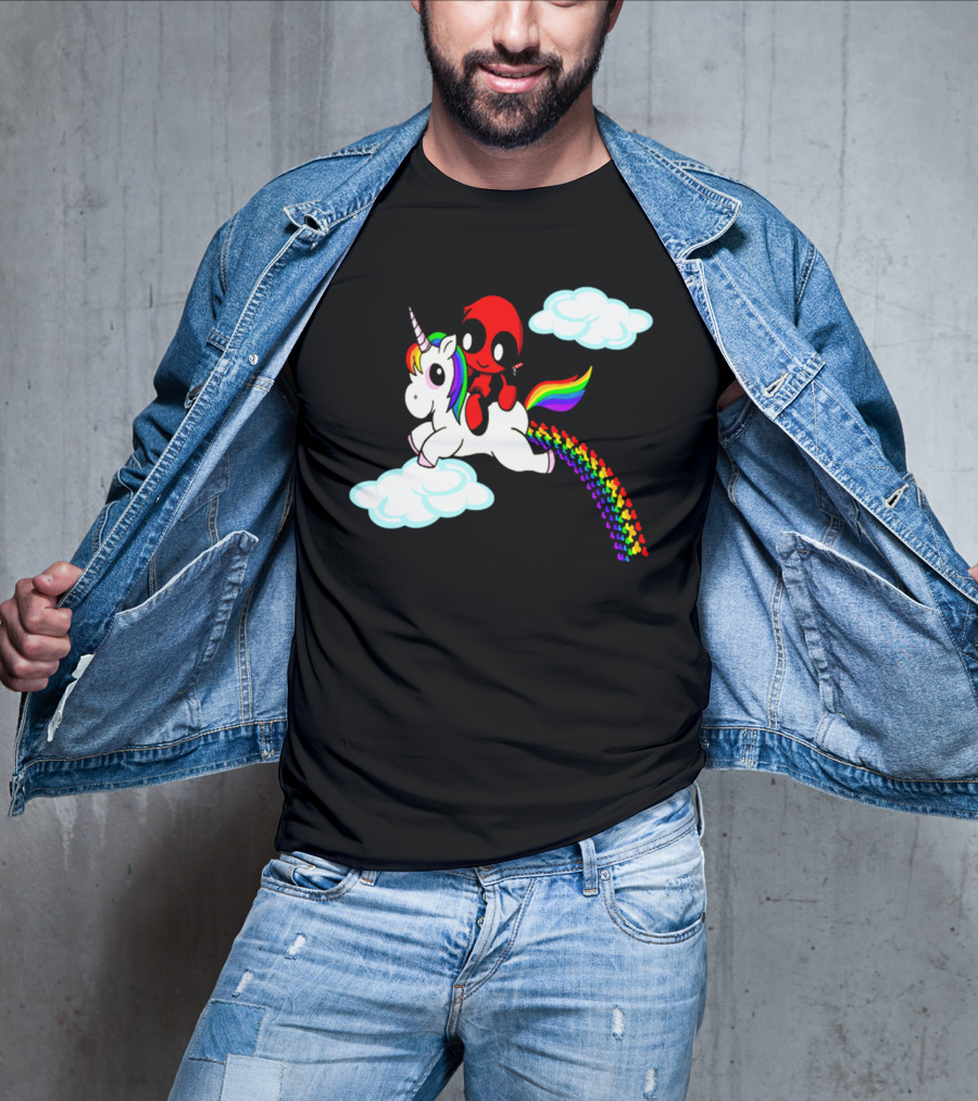 Deadpool Riding Rainbow Unicorn In Clouds T-Shirt