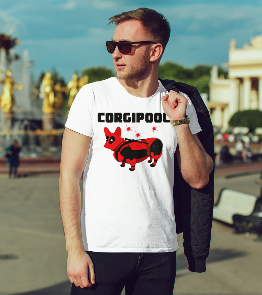 Corgipool Corgi Deadpool Parody With Red And Black Costume And Comic-Style Font T-Shirt