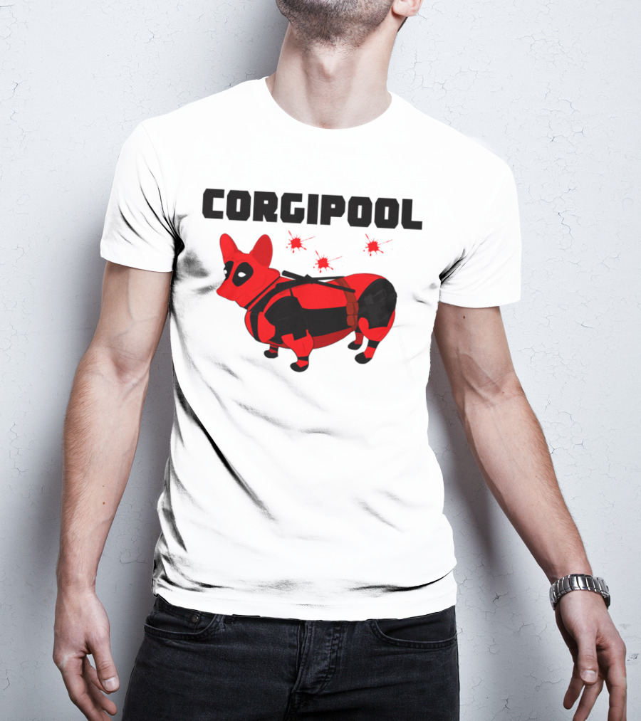 Corgipool Corgi Deadpool Parody With Red And Black Costume And Comic-Style Font T-Shirt