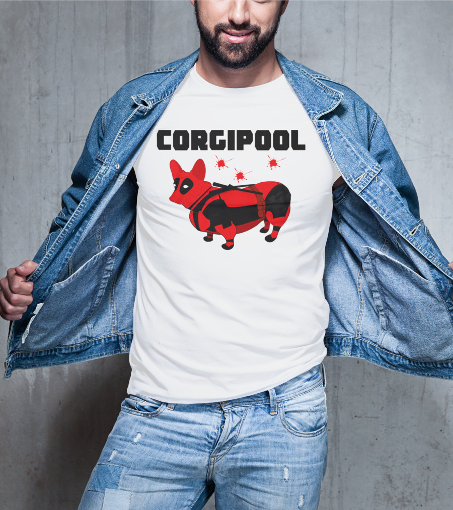 Corgipool Corgi Deadpool Parody With Red And Black Costume And Comic-Style Font T-Shirt