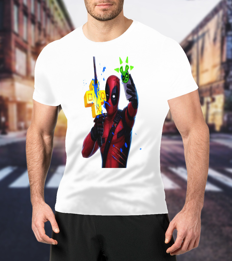 Deadpool Videogame Gamer Selfie With Iconic Controller And Green Bomb Symbols T-Shirt