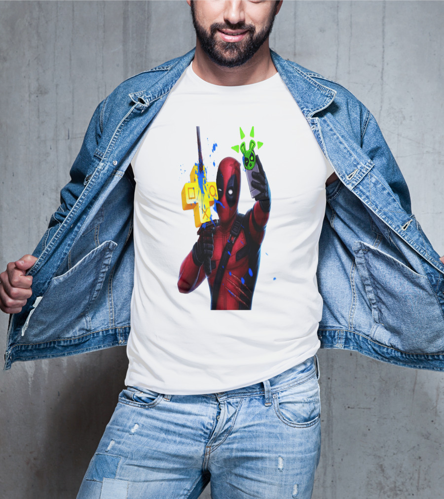 Deadpool Videogame Gamer Selfie With Iconic Controller And Green Bomb Symbols T-Shirt