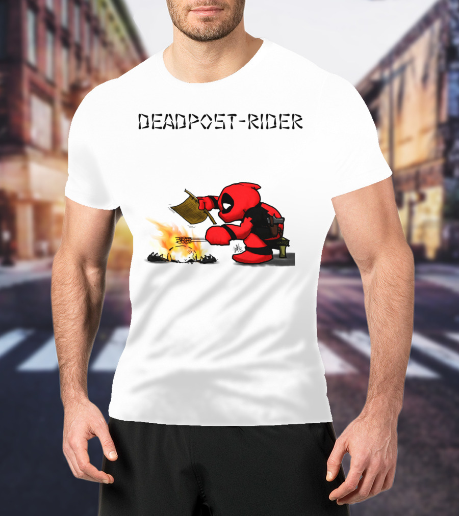 Deadpool Rider Cooking Marshmallow Over Fire Cartoon Scene T-Shirt