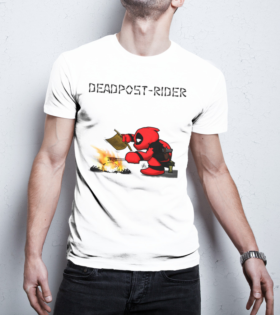 Deadpool Rider Cooking Marshmallow Over Fire Cartoon Scene T-Shirt