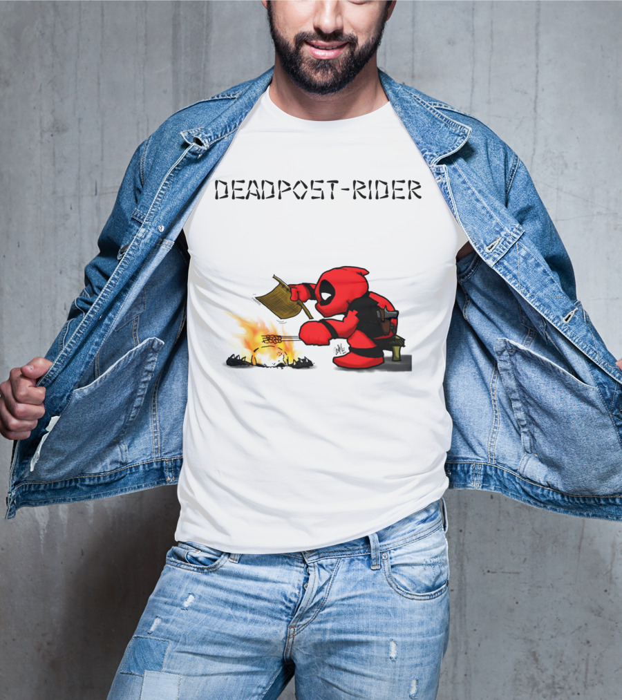 Deadpool Rider Cooking Marshmallow Over Fire Cartoon Scene T-Shirt