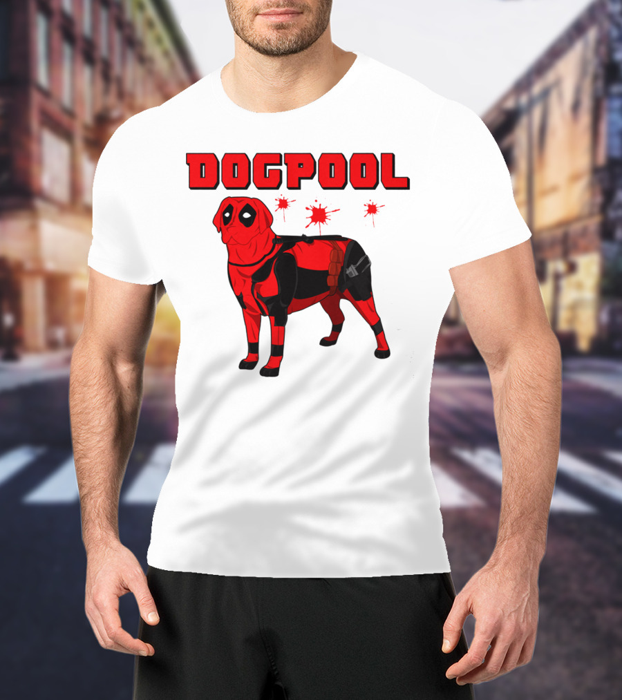 DOGPOOL Inspired By Deadpool With Red Suit And Splattered Background T-Shirt