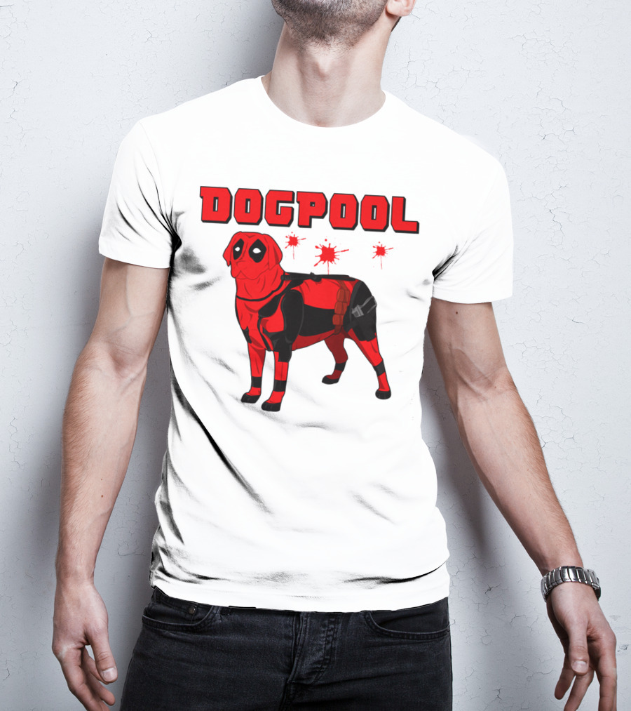 DOGPOOL Inspired By Deadpool With Red Suit And Splattered Background T-Shirt