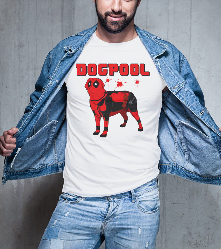 DOGPOOL Inspired By Deadpool With Red Suit And Splattered Background T-Shirt