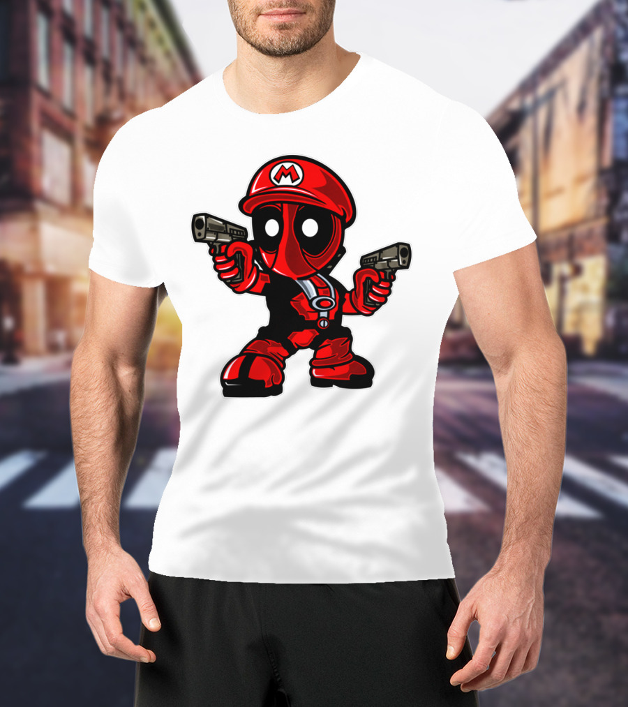 Deadpool Mario Parody Crossover Character With Guns T-Shirt
