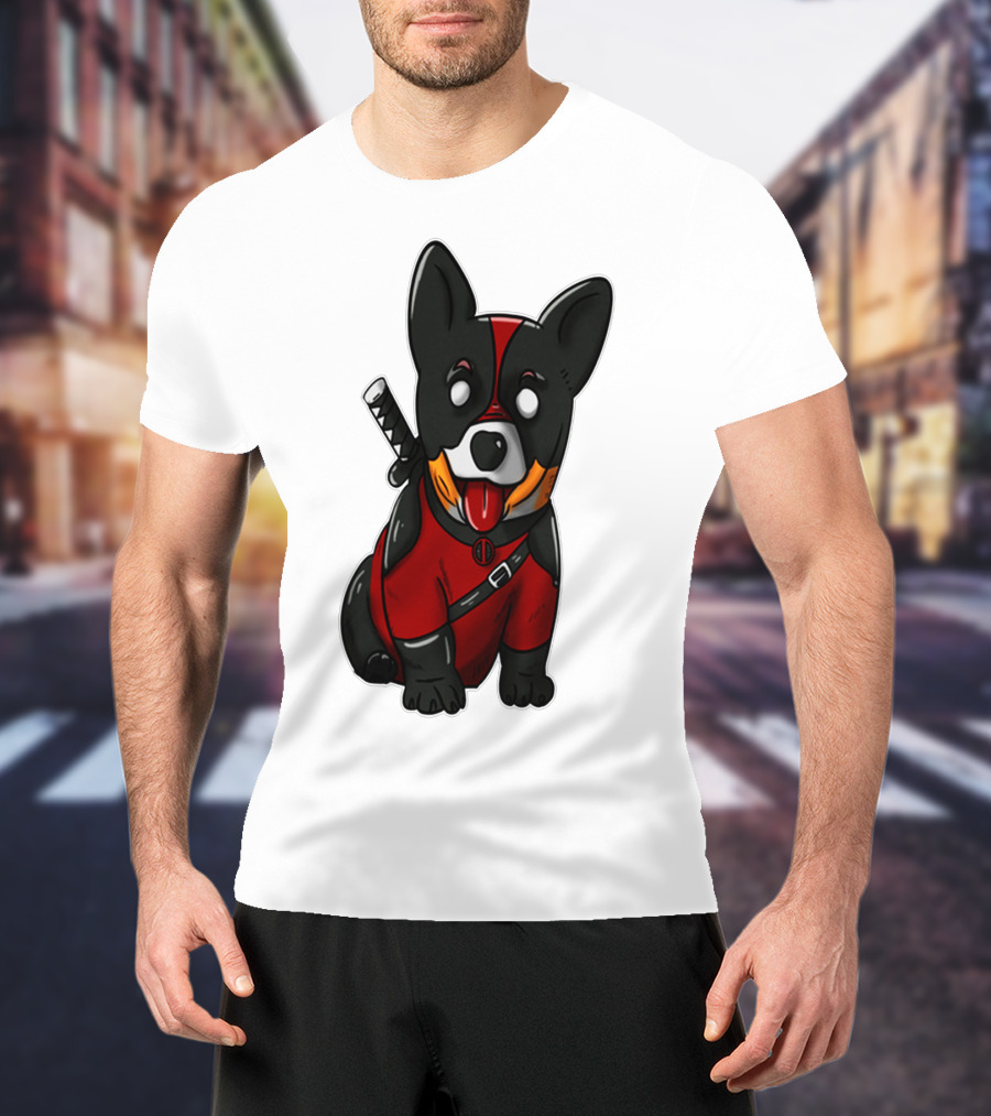 Corgipool Corgi Deadpool Merchandise Red Black Costume Sword Dog Iconic Character Image T-Shirt