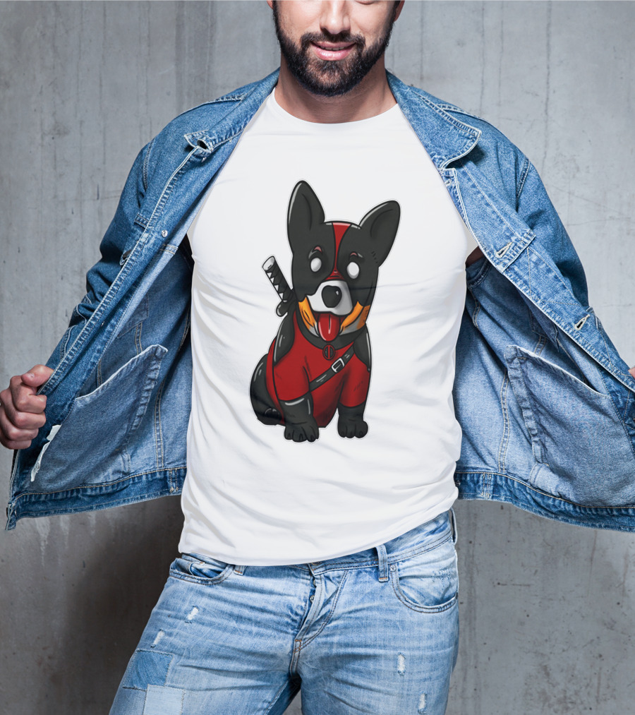 Corgipool Corgi Deadpool Merchandise Red Black Costume Sword Dog Iconic Character Image T-Shirt