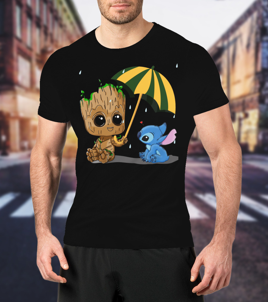 Groot And Little Stitch Friendship Under Umbrella With Raindrops And Heart T-Shirt
