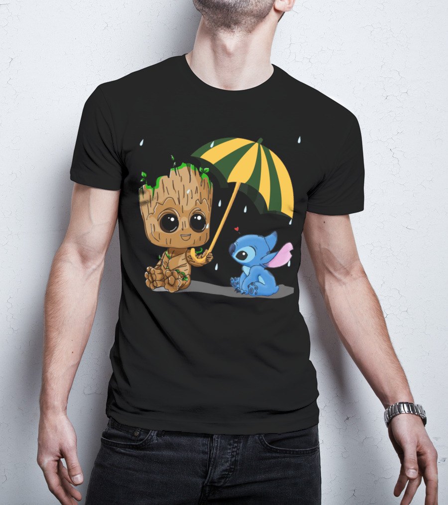 Groot And Little Stitch Friendship Under Umbrella With Raindrops And Heart T-Shirt
