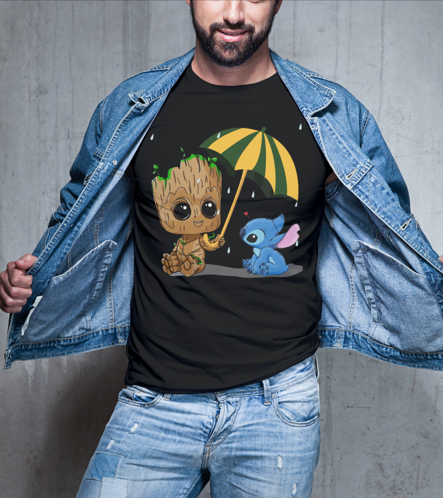 Groot And Little Stitch Friendship Under Umbrella With Raindrops And Heart T-Shirt