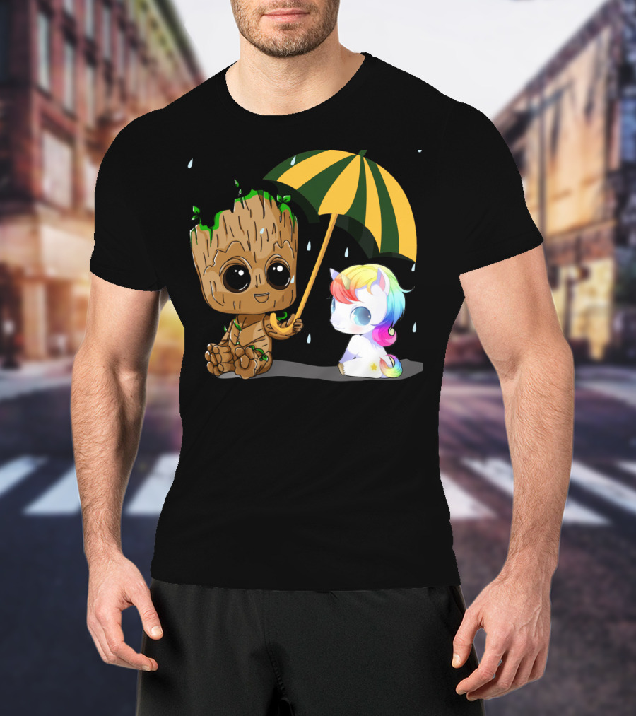 Groot Holding Umbrella Sitting With Cute Rainbow Unicorn T-Shirt