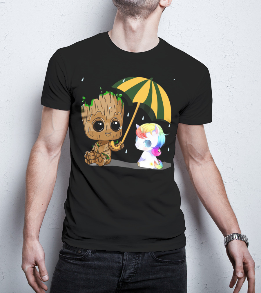 Groot Holding Umbrella Sitting With Cute Rainbow Unicorn T-Shirt