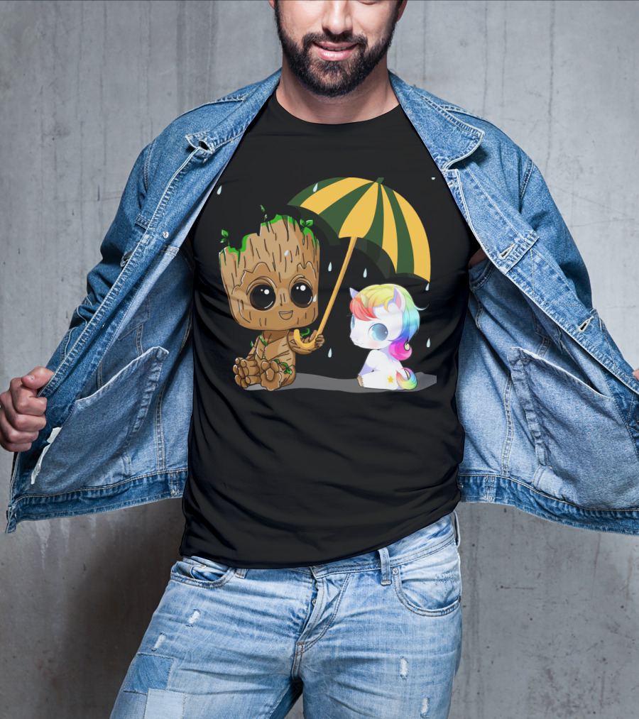 Groot Holding Umbrella Sitting With Cute Rainbow Unicorn T-Shirt