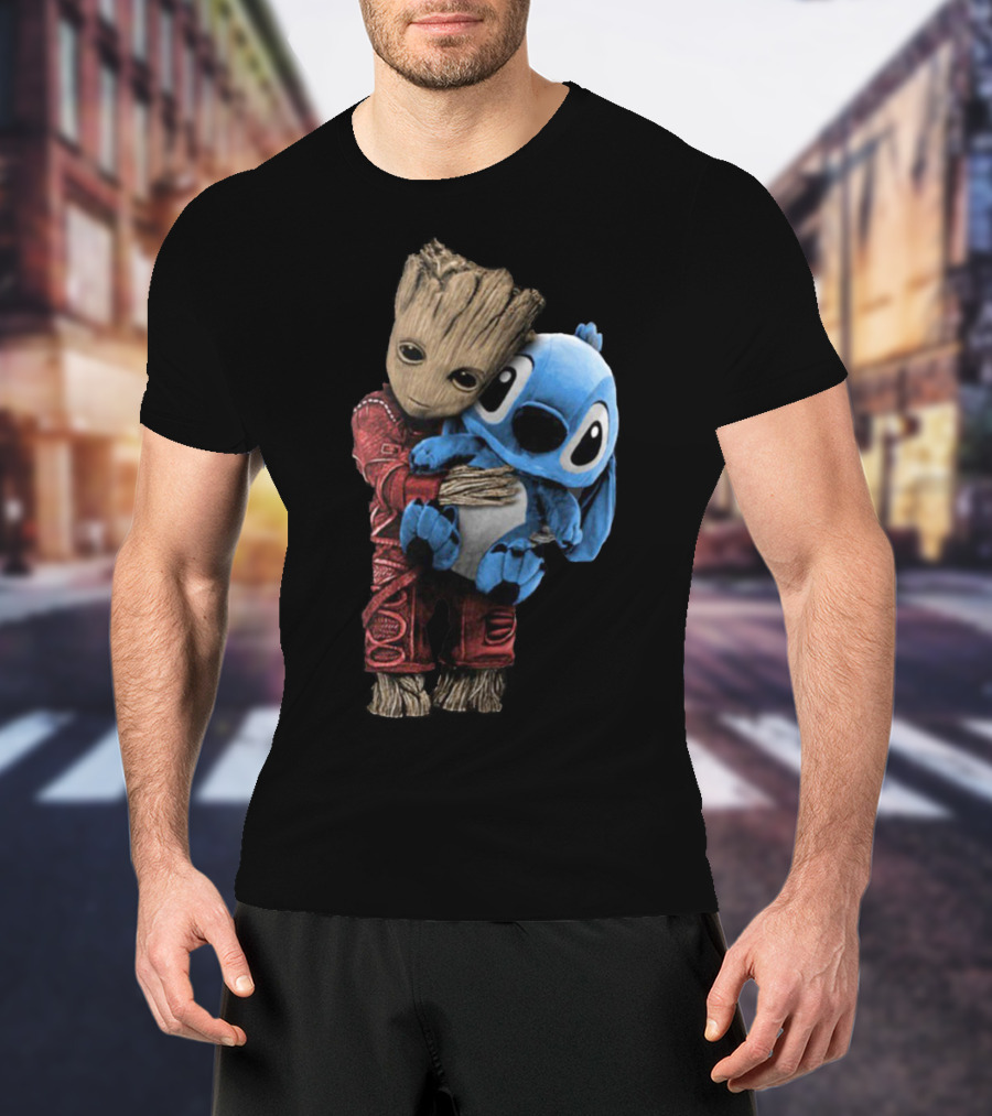 Groot And Baby Stitch Hugging Compilation Disney Marvel Crossover T-Shirt