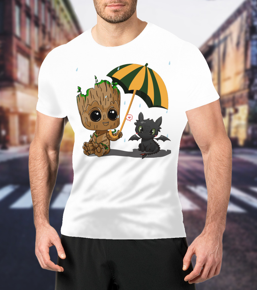 Groot And Little Hiccup Dragon Sharing Umbrella In The Rain T-Shirt