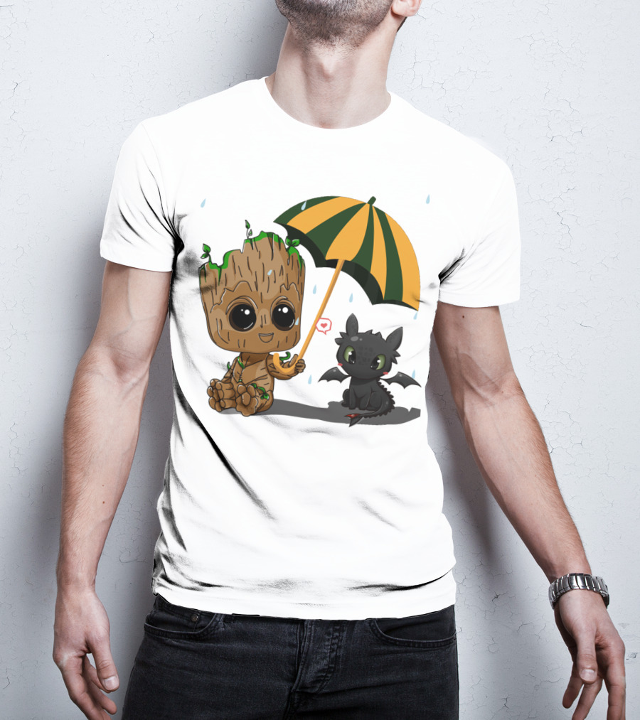 Groot And Little Hiccup Dragon Sharing Umbrella In The Rain T-Shirt