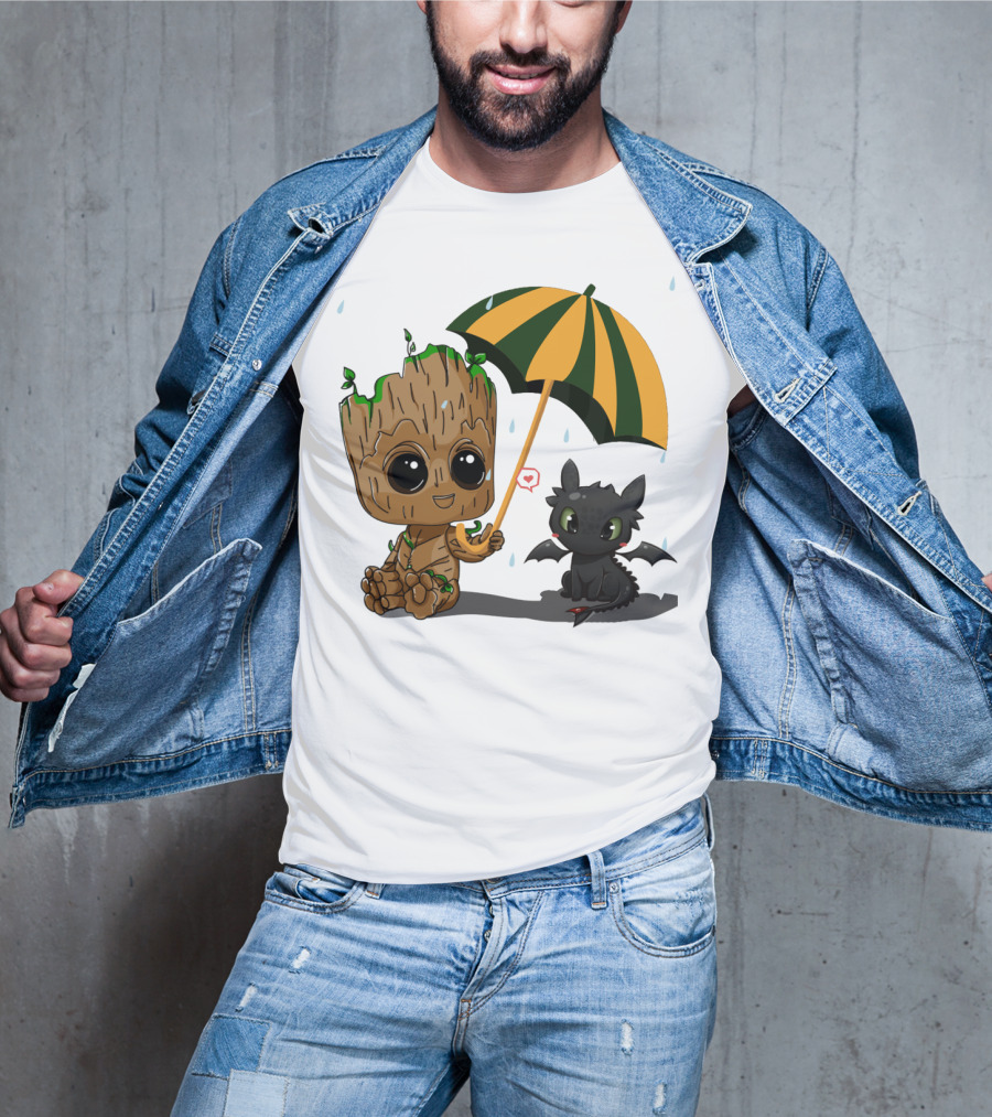 Groot And Little Hiccup Dragon Sharing Umbrella In The Rain T-Shirt