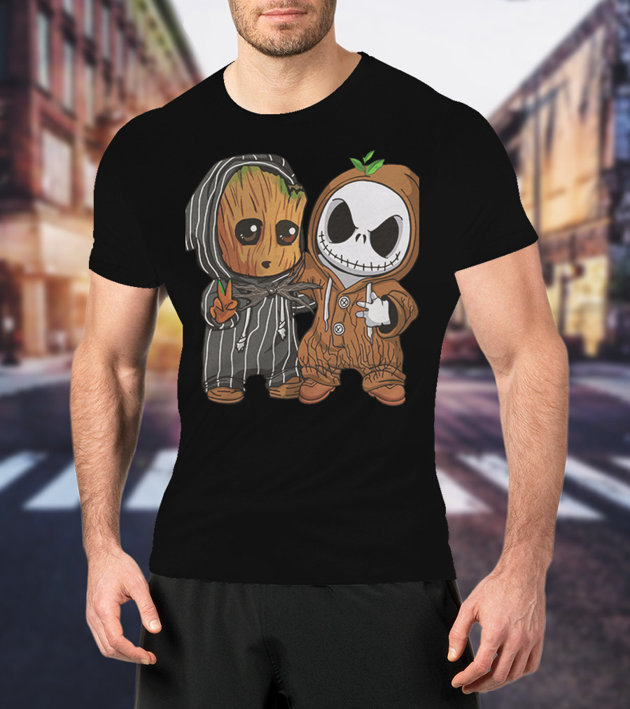 Groot In Striped Hoodie And Jack Skellington In Wood-Patterned Suit T-Shirt