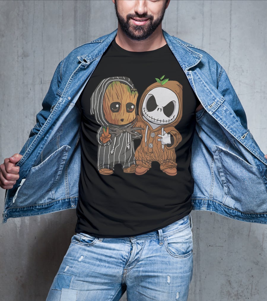 Groot In Striped Hoodie And Jack Skellington In Wood-Patterned Suit T-Shirt