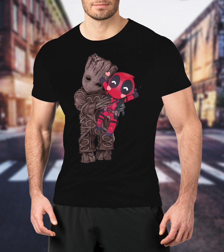 Groot Hugging Chibi Deadpool With Hearts T-Shirt