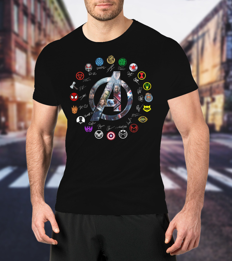 Avengers Endgame Icon With Character Portraits And Signatures Featuring Hero Symbols T-Shirt