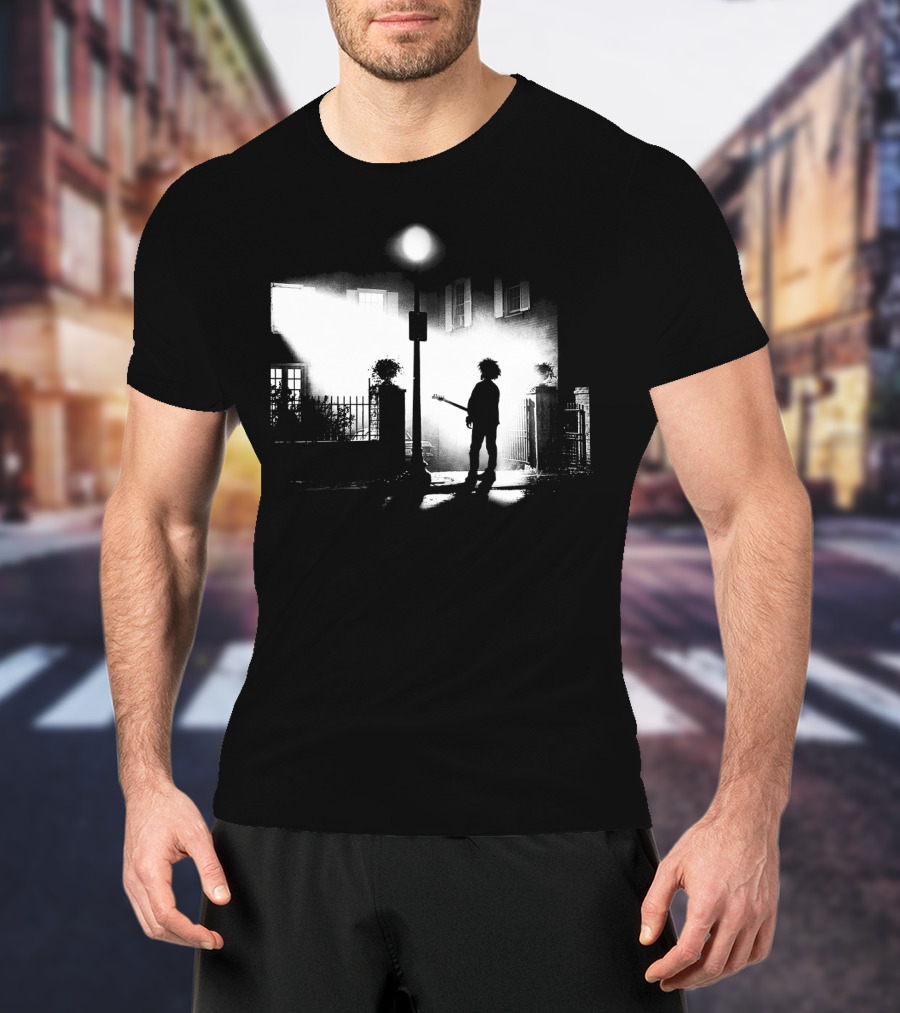Curexorcist Gothic Silhouette Under Streetlight With Guitar In Black And White Urban Scene T-Shirt