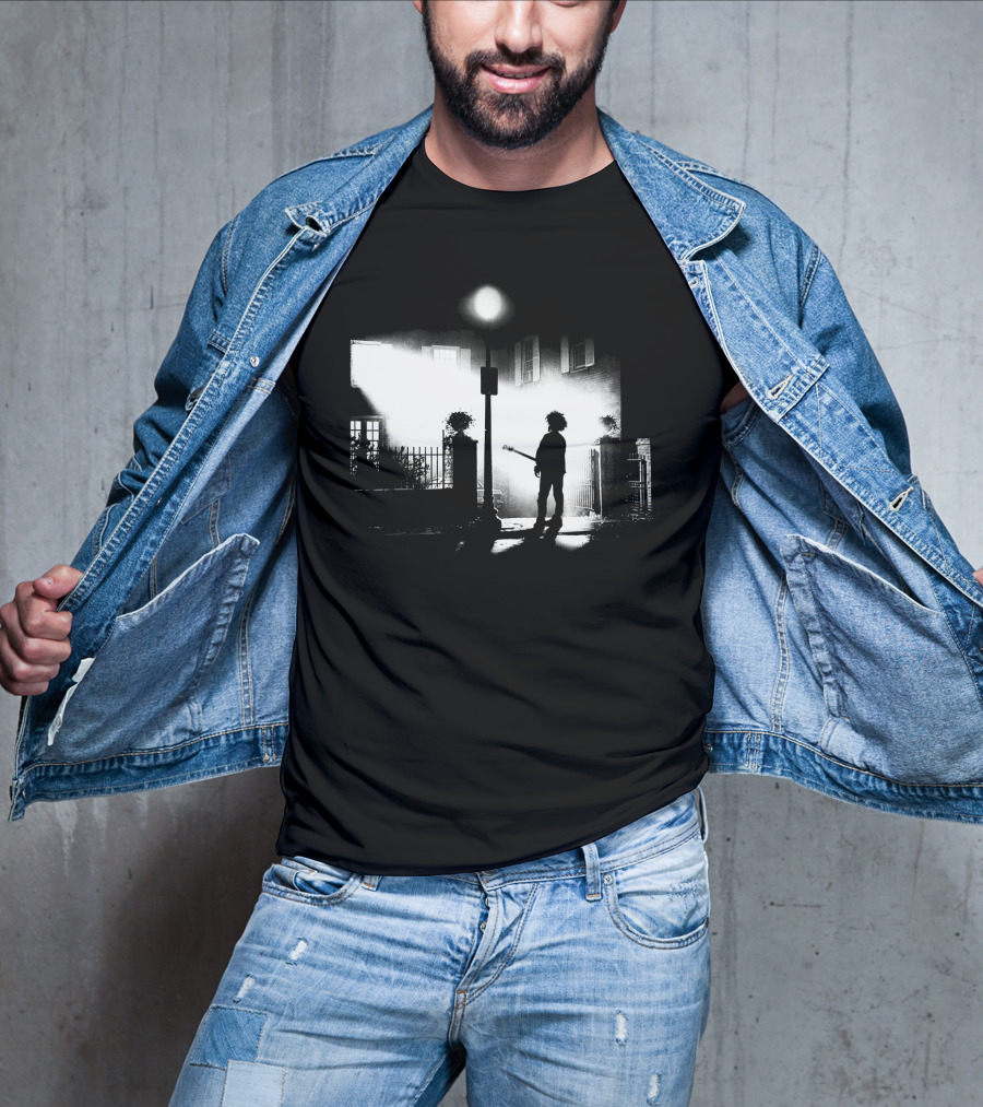 Curexorcist Gothic Silhouette Under Streetlight With Guitar In Black And White Urban Scene T-Shirt