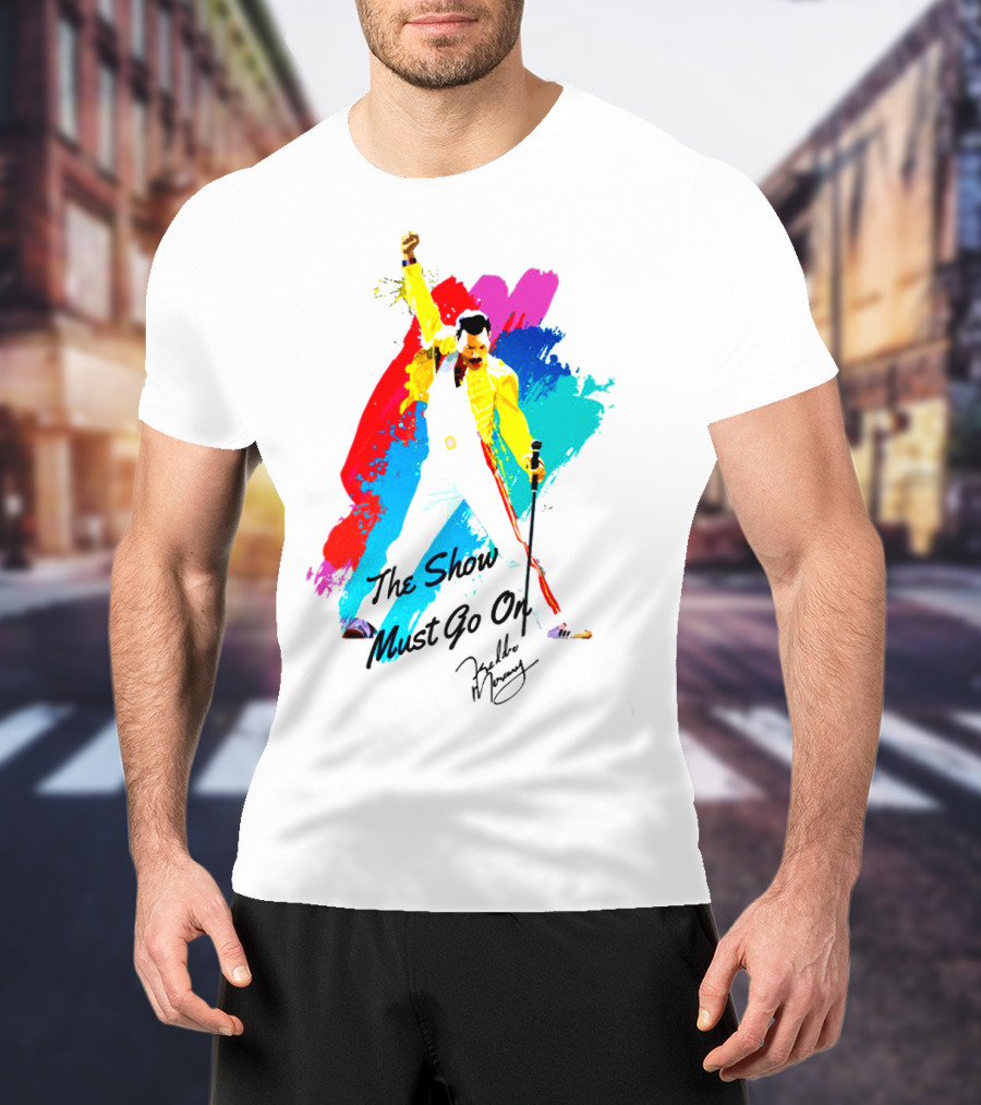 Queen The Show Must Go On Signature Artwork Colorful Freddie Mercury Image T-Shirt