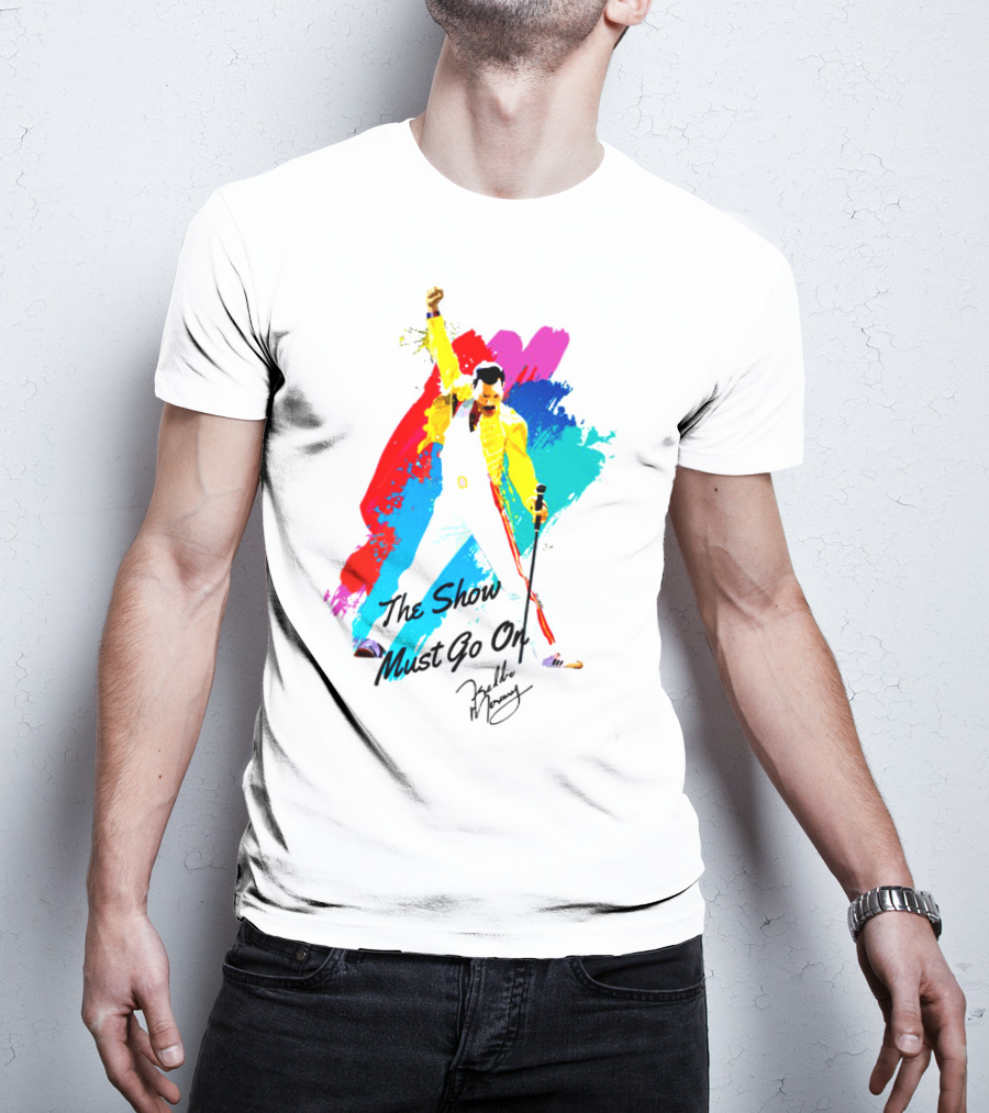 Queen The Show Must Go On Signature Artwork Colorful Freddie Mercury Image T-Shirt