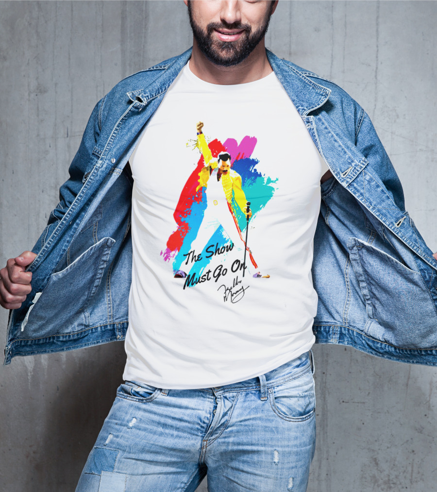 Queen The Show Must Go On Signature Artwork Colorful Freddie Mercury Image T-Shirt