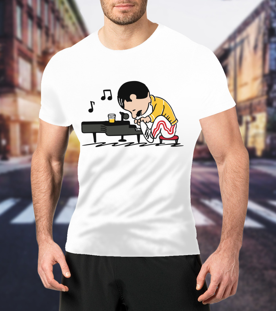 Freddie Mercury Cartoon At Piano With Music Notes And Beer Glass T-Shirt