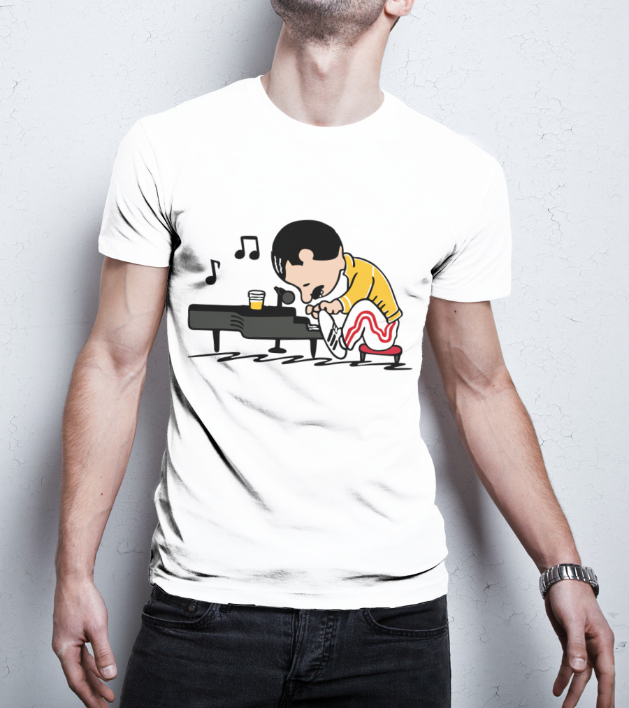 Freddie Mercury Cartoon At Piano With Music Notes And Beer Glass T-Shirt