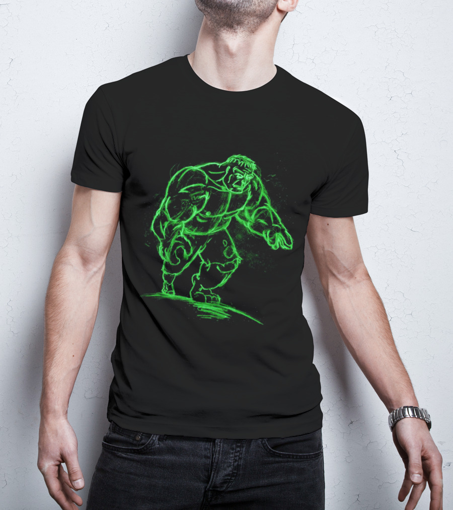 Green Neon Sketch Of Hulk In Dynamic Stance T-Shirt