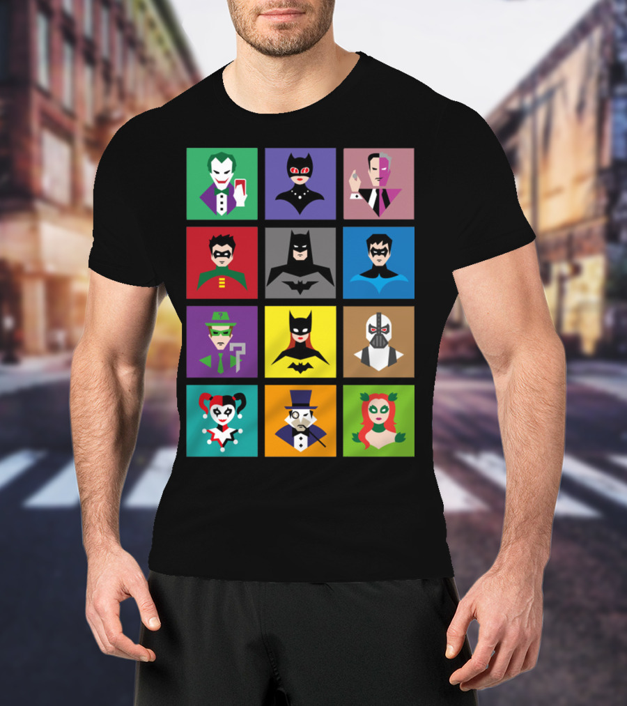 Batman Animated Villains Heroes Joker Catwoman Two-Face Robin Nightwing Riddler Batgirl Bane Harley Quinn Penguin Poison Ivy T-Shirt