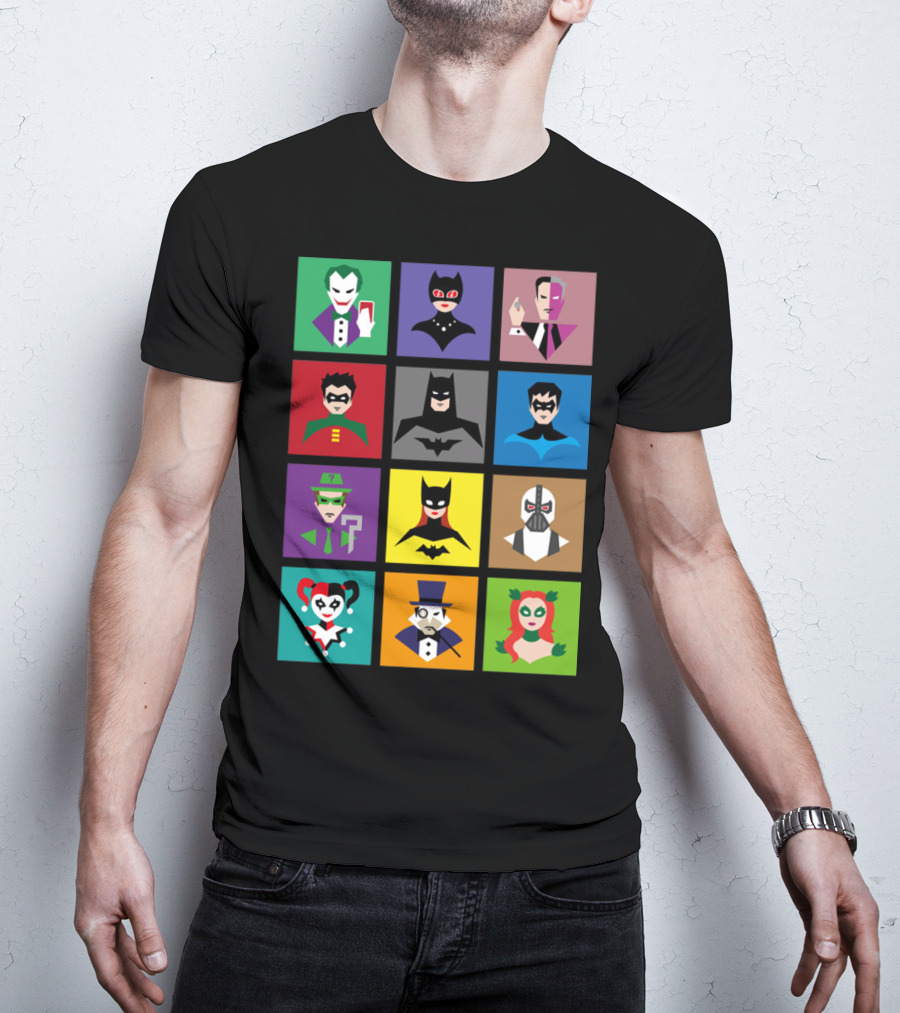 Batman Animated Villains Heroes Joker Catwoman Two-Face Robin Nightwing Riddler Batgirl Bane Harley Quinn Penguin Poison Ivy T-Shirt