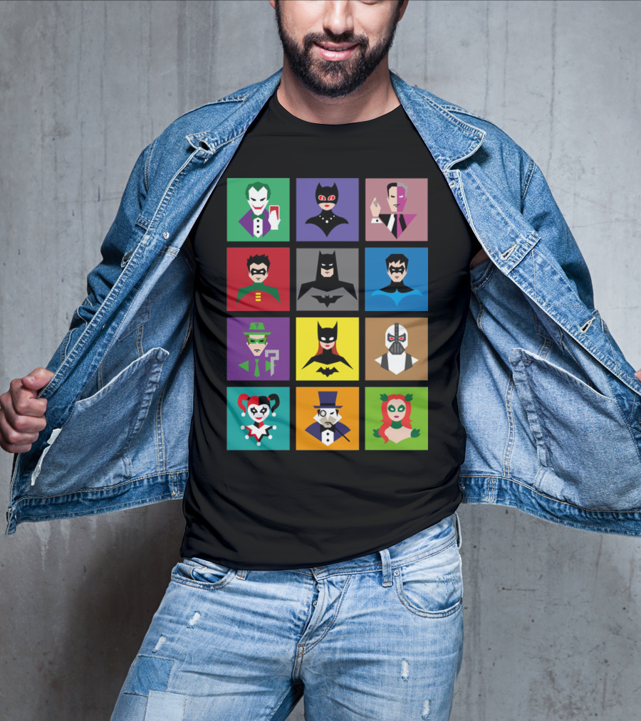 Batman Animated Villains Heroes Joker Catwoman Two-Face Robin Nightwing Riddler Batgirl Bane Harley Quinn Penguin Poison Ivy T-Shirt
