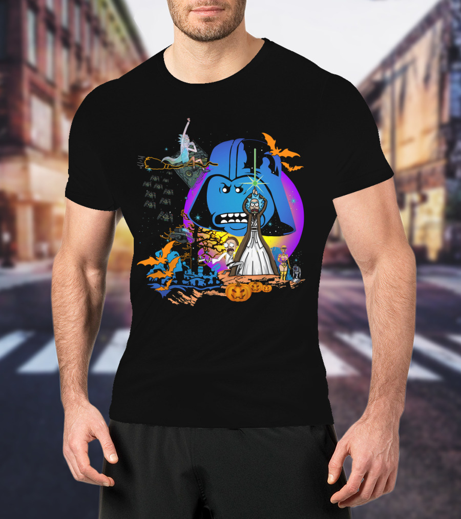 RICK MORTY Star Wars Darth Vader Halloween Crossover With Lightsabers And Pumpkins T-Shirt