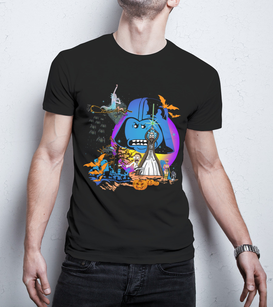 RICK MORTY Star Wars Darth Vader Halloween Crossover With Lightsabers And Pumpkins T-Shirt
