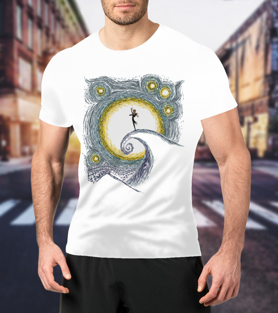 Jack Skellington On Curled Hill With Starry Night Inspired Background T-Shirt