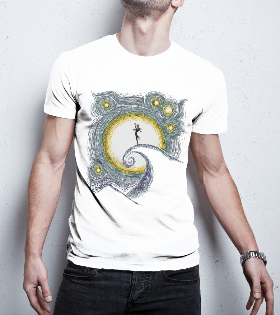 Jack Skellington On Curled Hill With Starry Night Inspired Background T-Shirt