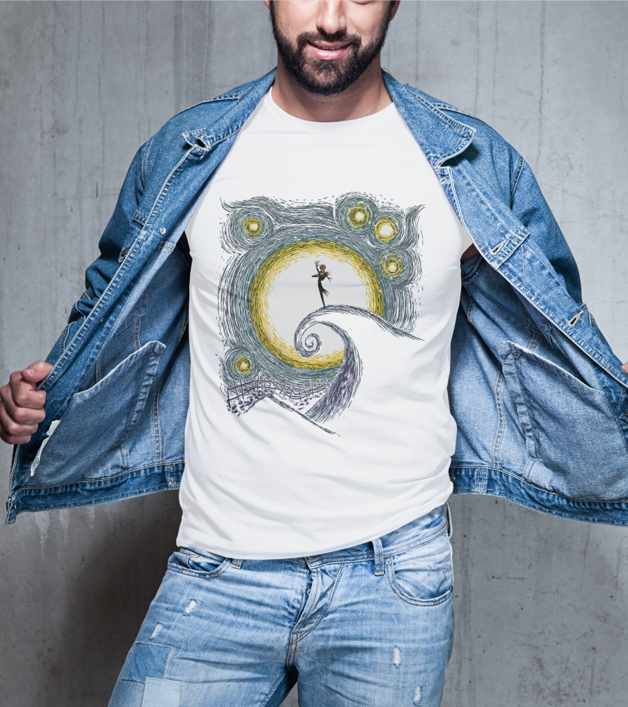 Jack Skellington On Curled Hill With Starry Night Inspired Background T-Shirt