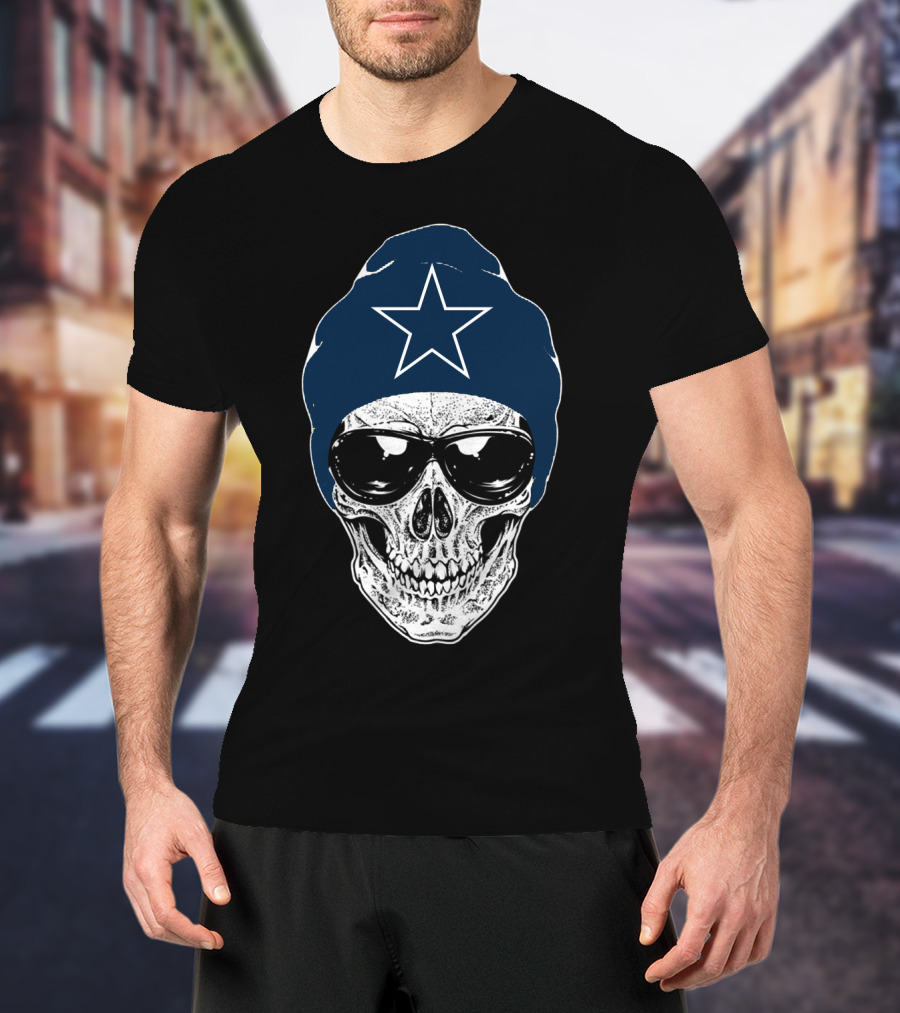 Dallas Cowboys Skull With Star Beanie And Sunglasses T-Shirt